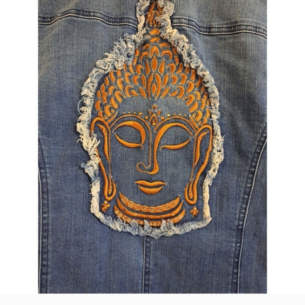 GILI Buddha Embroidered Jean Jacket Women 18W Button Up Collared Stretch Denim - Picture 3 of 4